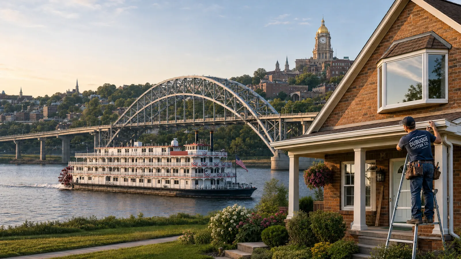 Gutter work on a brick Dubuque home above the Mississippi riverfront, with the Julien Dubuque Bridge and courthouse clock tower behind