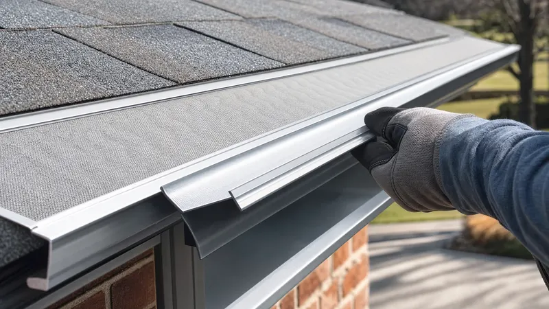 Micro-mesh gutter guard being fitted along a shingled roof edge